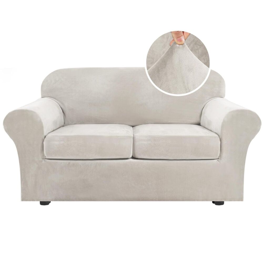 Velvet Plush 3-Piece Loveseat Slipcover (Oatmeal)